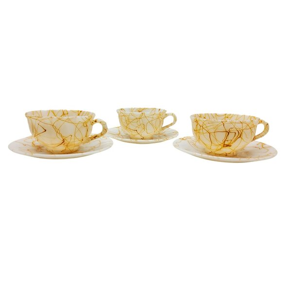 Vintage Hazel Atlas Spagetti Splatter Marbled Milk Glass Tea Cup & Saucer Set Of - Picture 6 of 11